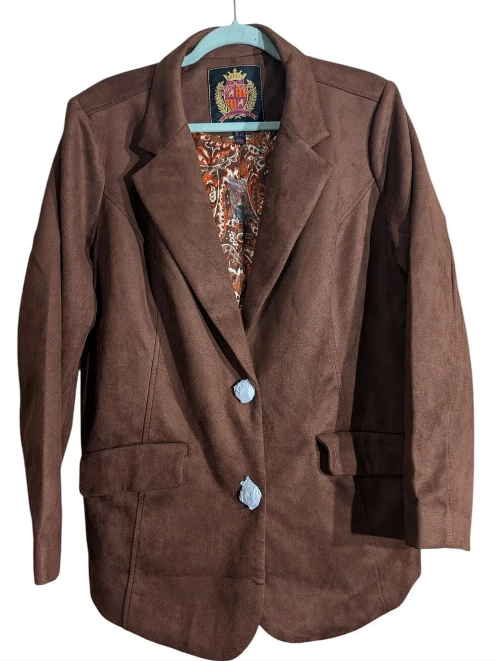 Isaac Mizrahi Live Brown Faux Suede Blazer Jacket 1X Paisley Lined - Picture 2 of 10